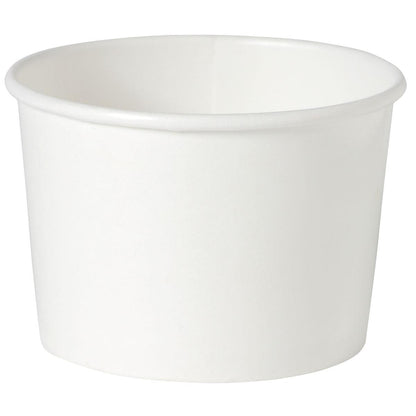 Ein Suppenbecher Basic Weiß Karton/PE der Duni GmbH steht vor einem weißen Hintergrund. Der zylindrische Pappbecher hat einen leicht ausgestellten Rand und ist damit ideal für den Suppengenuss unterwegs.