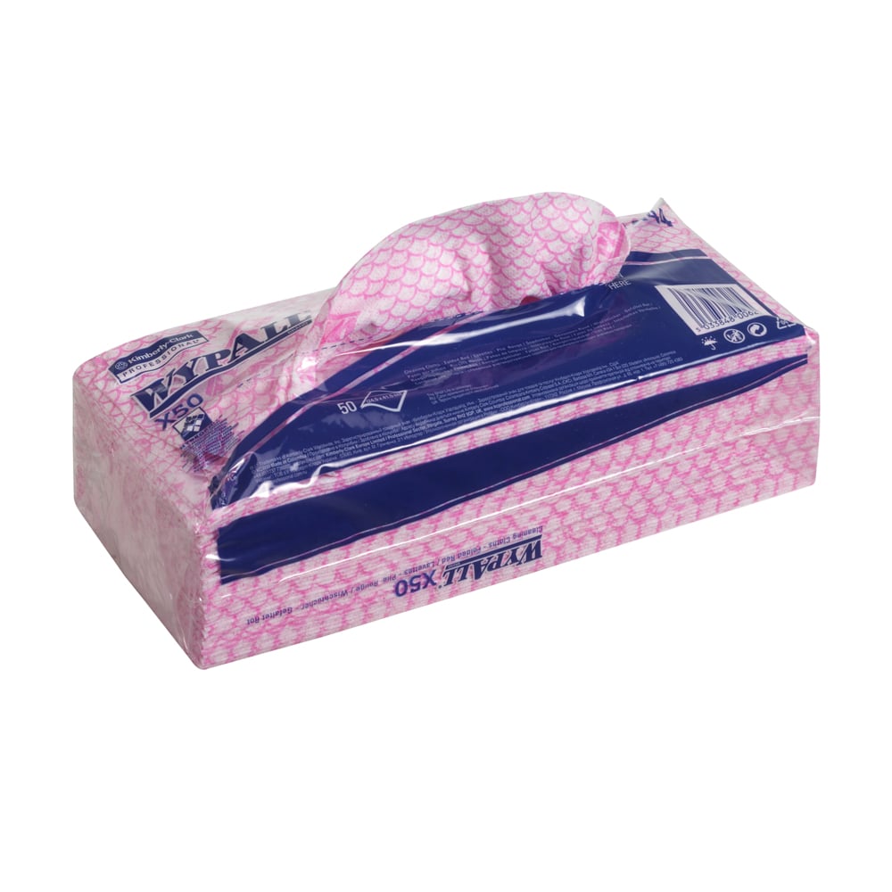 A rectangular Kimberly-Clark GmbH WypAll® X50 Wipers - Interfold Box (41.80x24.70 cm), pink-white patterned with blue label, is ideal for industrial cleaning and dispenses a disposable wiper from the top opening.