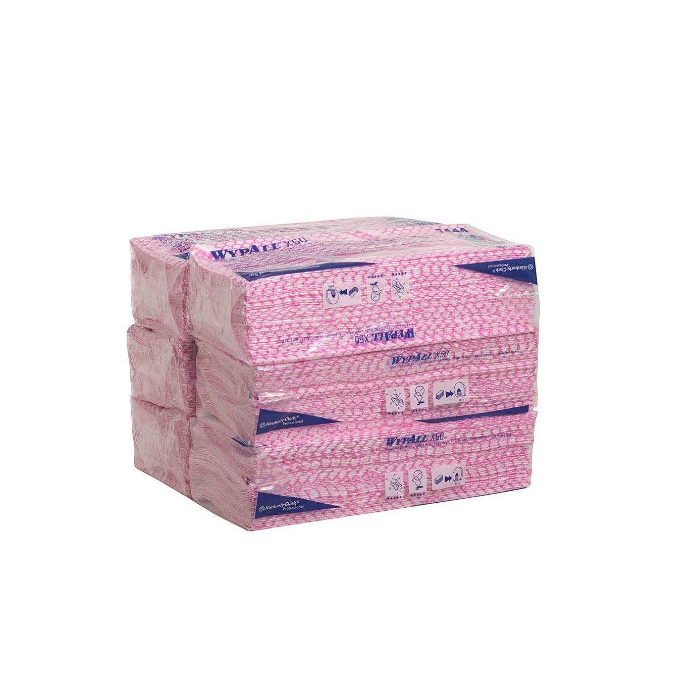 A stack of six packs of WypAll® X50 Wipers - Interfold (41.80 cm x 24.70 cm) from Kimberly-Clark GmbH in a pink plastic packaging with clearly visible branding and symbols on the outside, for industrial cleaning.