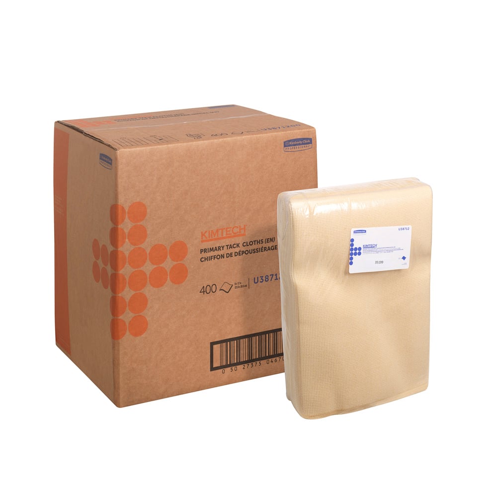 A large white box labeled "Kimtech® Auto Primary Tack Wipes - flat cloth / White" from Kimberly-Clark GmbH stands next to 4 bags with 100 sheets - ideal cleaning cloths for the automotive sector and vehicle preparation.