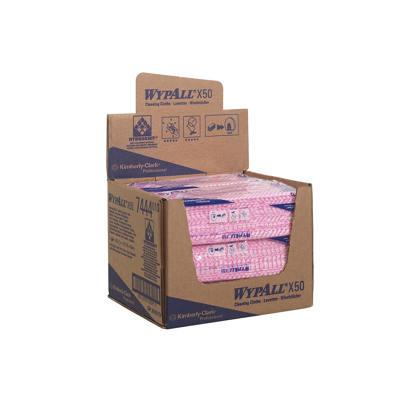 A brown display carton from Kimberly-Clark GmbH contains WypAll® X50 Wipers Interfold (41.80 cm x 24.70 cm) in pink, ideal for industrial cleaning, with blue-white branding and horizontally stacked, individually packaged cloths.