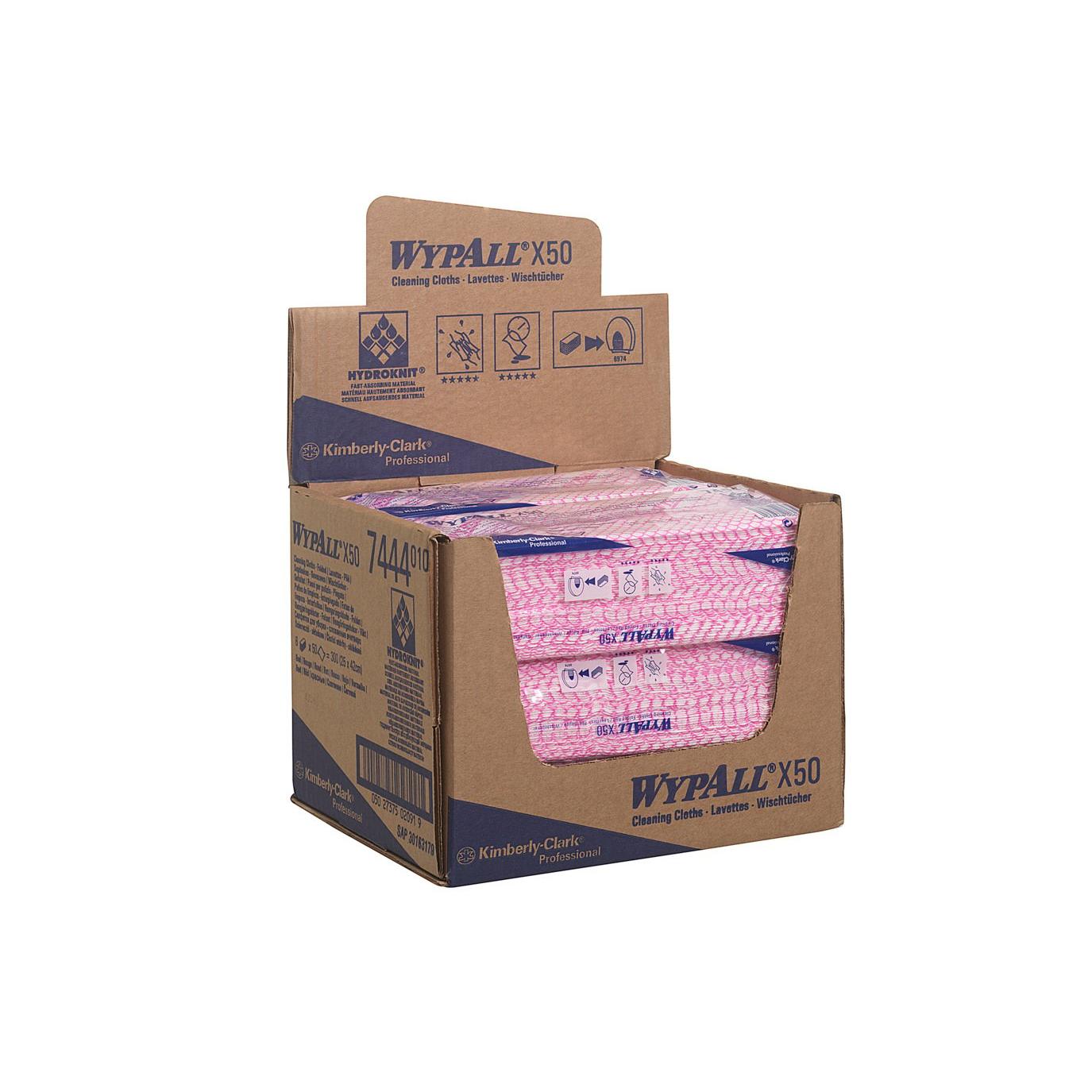 Ein brauner Displaykarton der Kimberly-Clark GmbH enthält WypAll® X50 Wischtücher Interfold (41,80 cm x 24,70 cm) in Pink, ideal für die industrielle Reinigung, mit blau-weißem Branding und horizontal gestapelten, einzeln verpackten Tüchern.