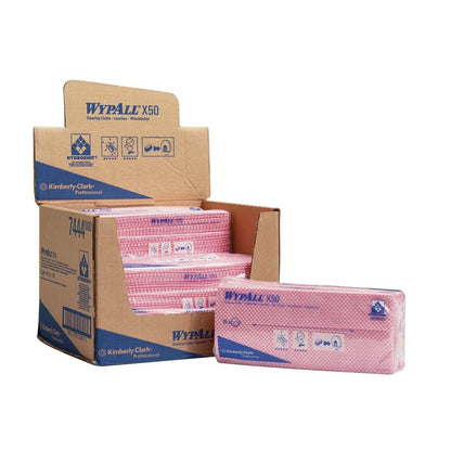A display carton of WypAll® X50 Wipers - Interfold (41.80 cm x 24.70 cm) from Kimberly-Clark GmbH with visible branding and icons shows several removed packs - ideal for industrial or everyday cleaning tasks.