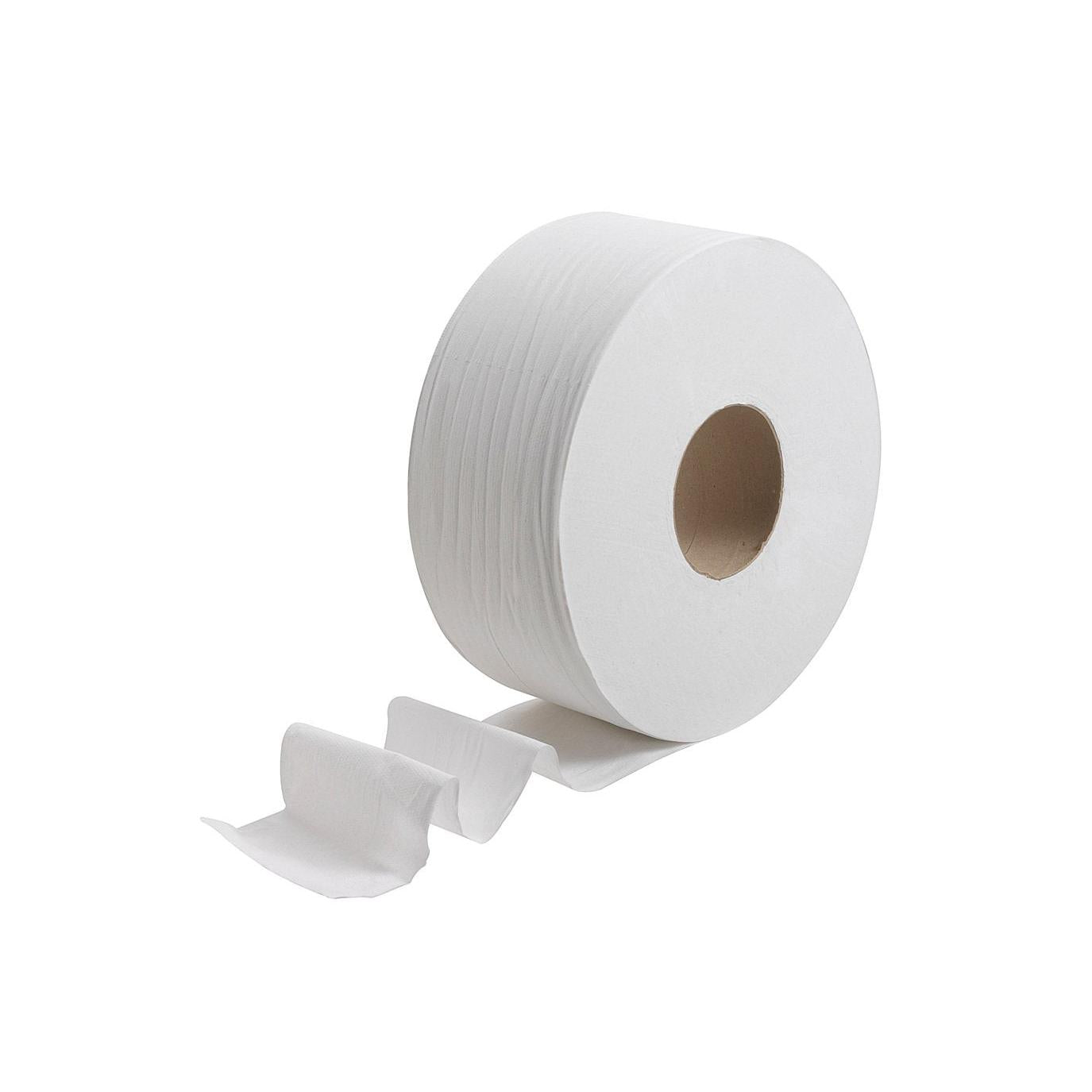 Ein Kleenex® Großrolle Toilettenpapier von Kimberly-Clark GmbH in Weiß (6 Rollen x 500 Blatt) ist auf weißem Hintergrund abgebildet, einige Blätter hängen lose herab.