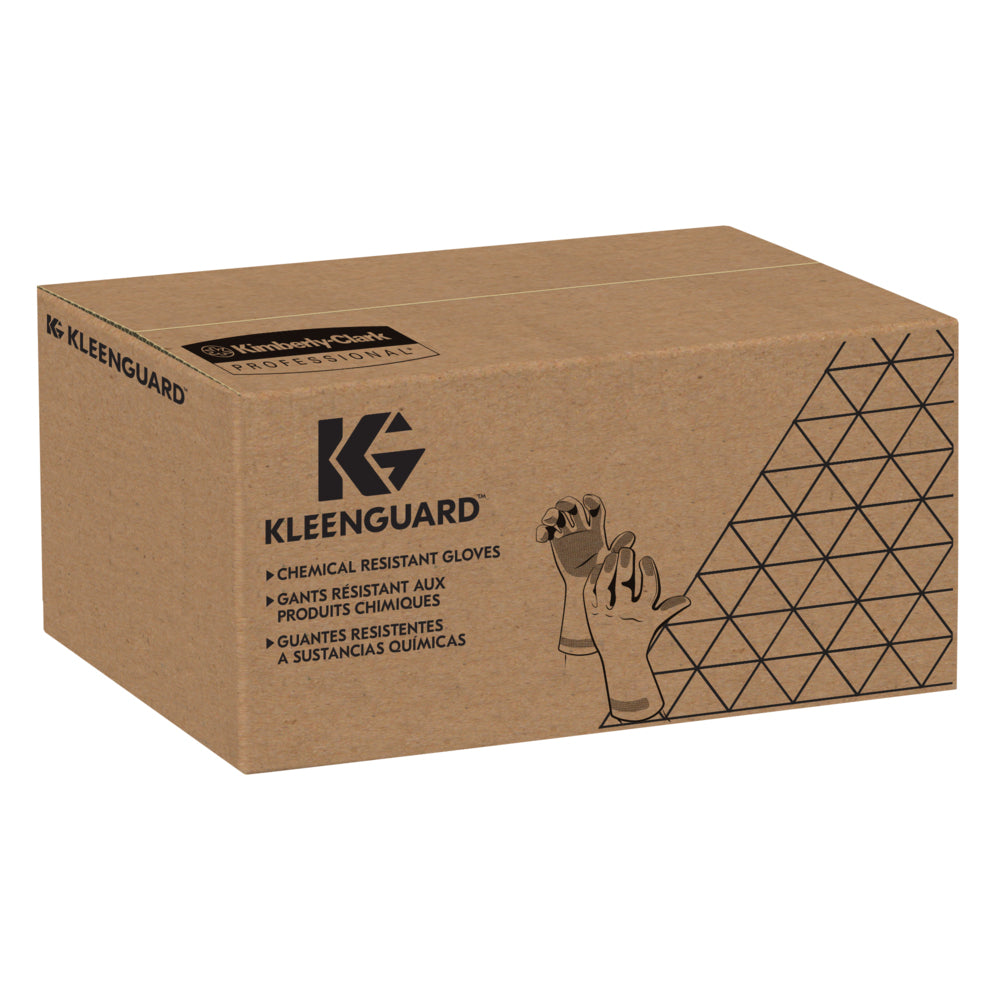 Eine versiegelte braune Schachtel mit der Aufschrift "KleenGuard® G80 Nitril-Chemikalienschutzhandschuhe mit langer Stulpe - 45 cm, handspezifische Paare" der Kimberly-Clark GmbH zeigt die Umrisse der Handschuhe, ein geometrisches Muster und einen mehrsprachigen Text zum Chemikalienschutz.