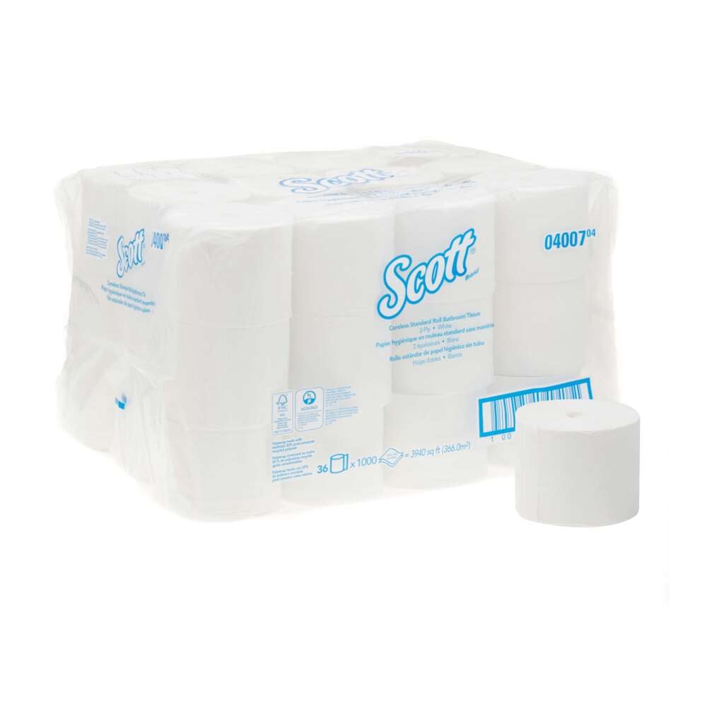A pack of Scott® Essential™ coreless toilet paper rolls - White by Kimberly-Clark GmbH, contains 36 small rolls x 1000 sheets, packed in transparent plastic; one roll is attached outside the front of the box.