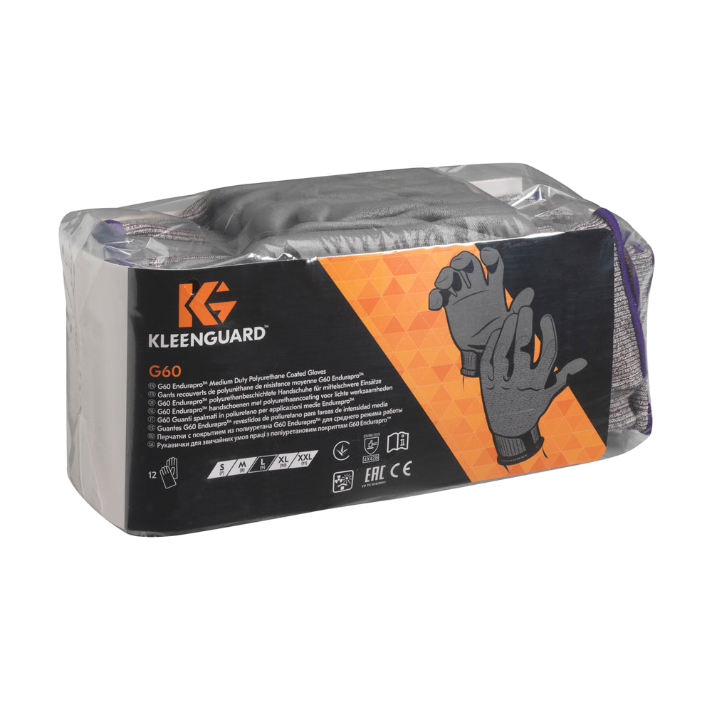 Abgebildet ist eine versiegelte Packung KleenGuard® G60 Endurapro™ schnittfeste Handschuhe Level 3 (handspezifisch, Grau) der Kimberly-Clark GmbH mit einer Abbildung von behandschuhten Händen und einer Produktinformation auf der Vorderseite. Die Packung enthält zwölf schnittfeste Handschuhe.