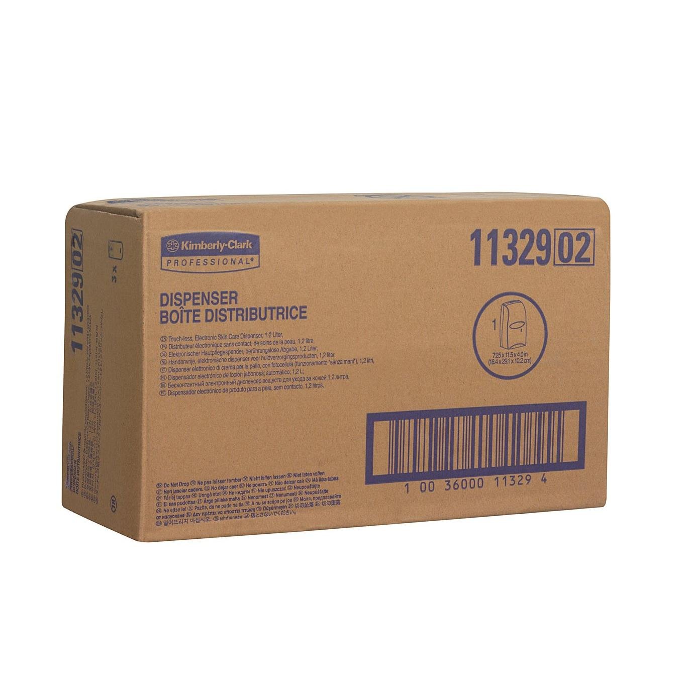 A brown box labeled "Kimberly-Clark Professional™ Electronic Skincare Dispenser" by Kimberly-Clark GmbH, product number 11329. The packaging contains English/French text, an image of the dispenser, and a note on touchless dispensing for hygiene.
