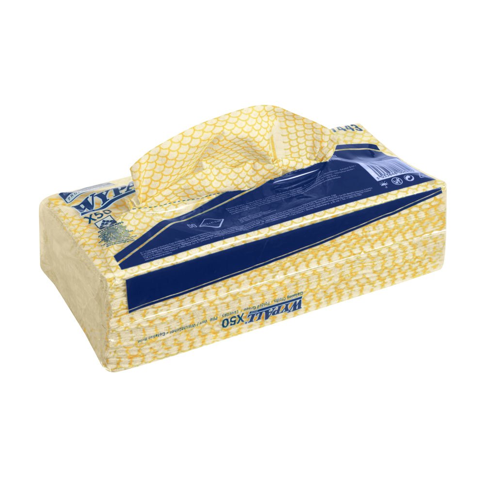 A rectangular yellow-white package from Kimberly-Clark GmbH with a handle contains folded WypAll® X50 Wipers (41.80 x 24.70 cm). The blue-labeled package is equipped with a barcode on the side and designed for easy towel dispensing.