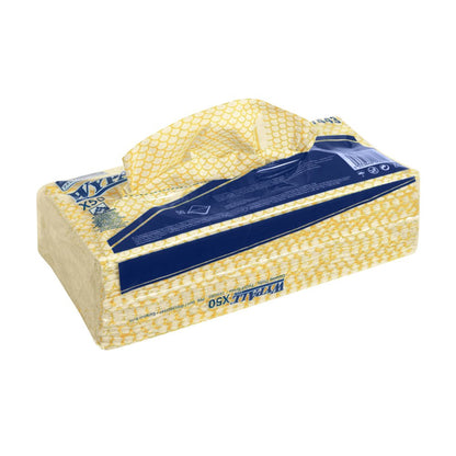 A rectangular yellow-white package from Kimberly-Clark GmbH with a handle contains folded WypAll® X50 Wipers (41.80 x 24.70 cm). The blue-labeled package is equipped with a barcode on the side and designed for easy towel dispensing.