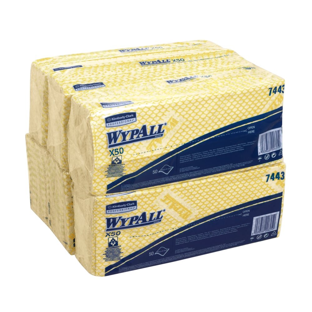 Two packs of Kimberly-Clark GmbH WypAll® X50 Wipers - Interfold (each 50 cloths, 41.80 x 24.70 cm) are stacked; packaging clearly displays brand and product information.