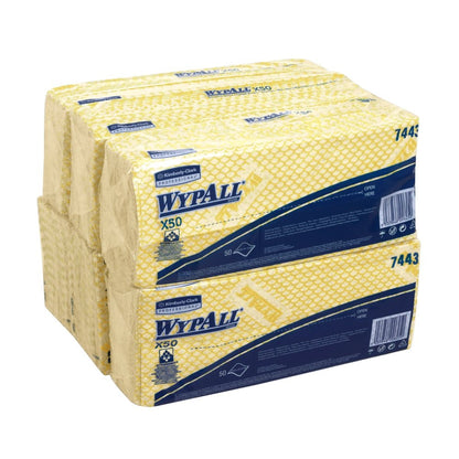 Two packs of Kimberly-Clark GmbH WypAll® X50 Wipers - Interfold (each 50 cloths, 41.80 x 24.70 cm) are stacked; packaging clearly displays brand and product information.