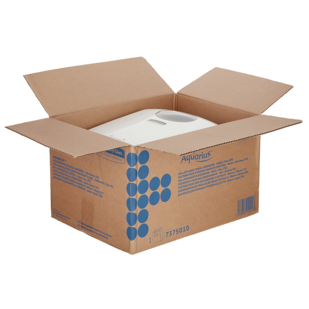 Eine geöffnete Pappschachtel mit blauer Grafik enthüllt einen weißen Aquarius™ Rollenhandtuchspender der Kimberly-Clark GmbH, der sein hygienisches Design für öffentliche Räume unterstreicht.