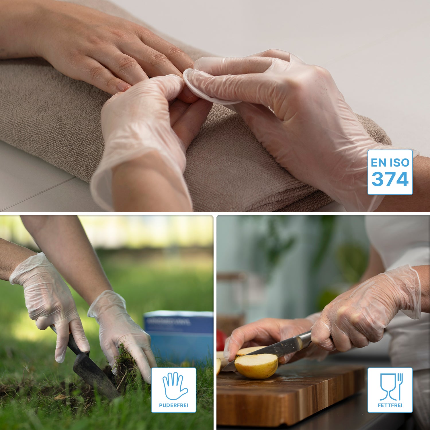 Eine Collage zeigt behandschuhte Hände bei der Maniküre, bei der Gartenarbeit und beim Schneiden einer Kartoffel. Icons weisen darauf hin, dass ARNOMED VINYL PF tastsensible Einmalhandschuhe von ARNOWA GmbH nach EN ISO 374 zertifiziert, puderfrei und fettdicht sind.