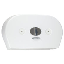 Der wandmontierte Aquarius™ Toilettenpapierspender - Zentralentnahme in Weiß (Jumbo) von Kimberly-Clark GmbH verfügt über ein ovales Sichtfenster, zwei runde zentrale Spender und das Kimberly-Clark Professional Logo unterhalb des Fensters.