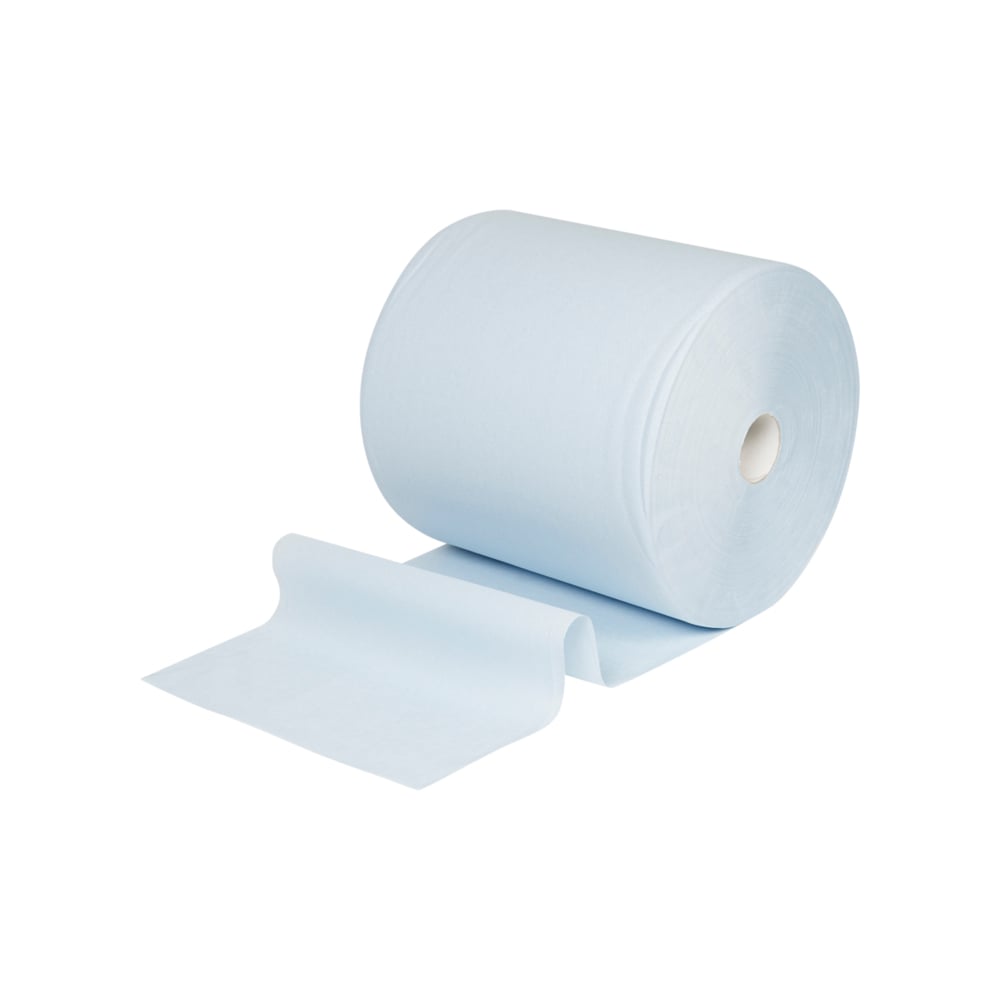 A large roll of WypAll® L10 paper wipe for surfaces (large roll, extra wide: 38.00 cm x 32.50 cm) by Kimberly-Clark GmbH, with some paper unrolled, ideal for surface cleaning, depicted against a white background.