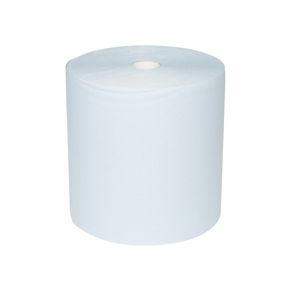 A large WypAll® L10 paper wipe for surfaces large roll (38.00 cm x 32.50 cm) by Kimberly-Clark GmbH stands upright against a white background - ideal for surface cleaning thanks to its extra wide, cylindrical shape with visible hollow core.