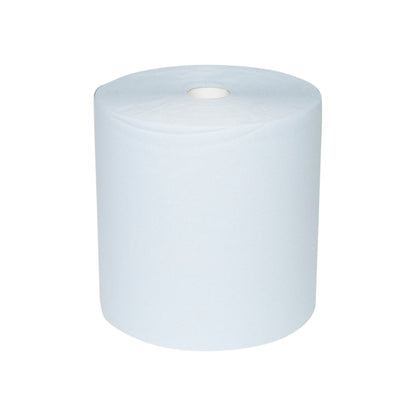 A large WypAll® L10 paper wipe for surfaces large roll (38.00 cm x 32.50 cm) by Kimberly-Clark GmbH stands upright against a white background - ideal for surface cleaning thanks to its extra wide, cylindrical shape with visible hollow core.