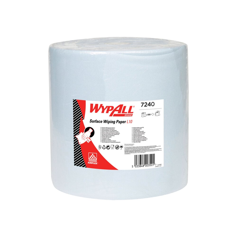 The WypAll® L10 paper wipe for surfaces large roll by Kimberly-Clark GmbH (38.00 cm x 32.50 cm) is extra wide and packaged in clear film; the white and red label shows product information and symbols for surface cleaning.