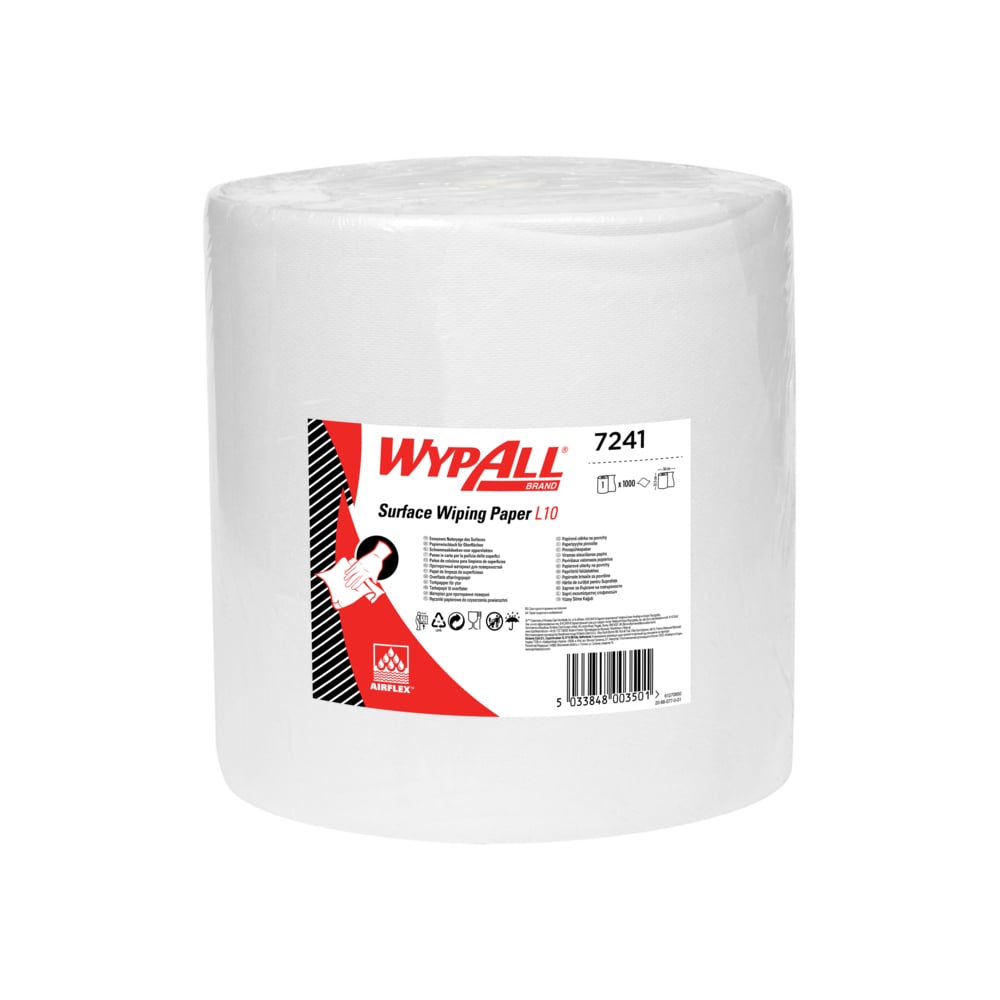 The WypAll® L10 paper wipe for surfaces - large roll (Kimberly-Clark GmbH) is an extra wide white roll (38.00 cm x 32.50 cm), perfect for large cleaning tasks, with a red and white label with product information and instructions.