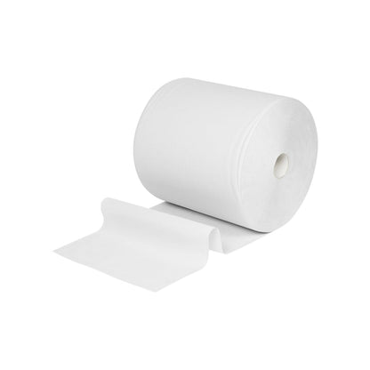 A large WypAll® L10 paper wipe for surfaces large roll (extra wide, 38.00 cm x 32.50 cm) by Kimberly-Clark GmbH is unrolled and flat, ideal for surface cleaning, depicted on a plain white background.