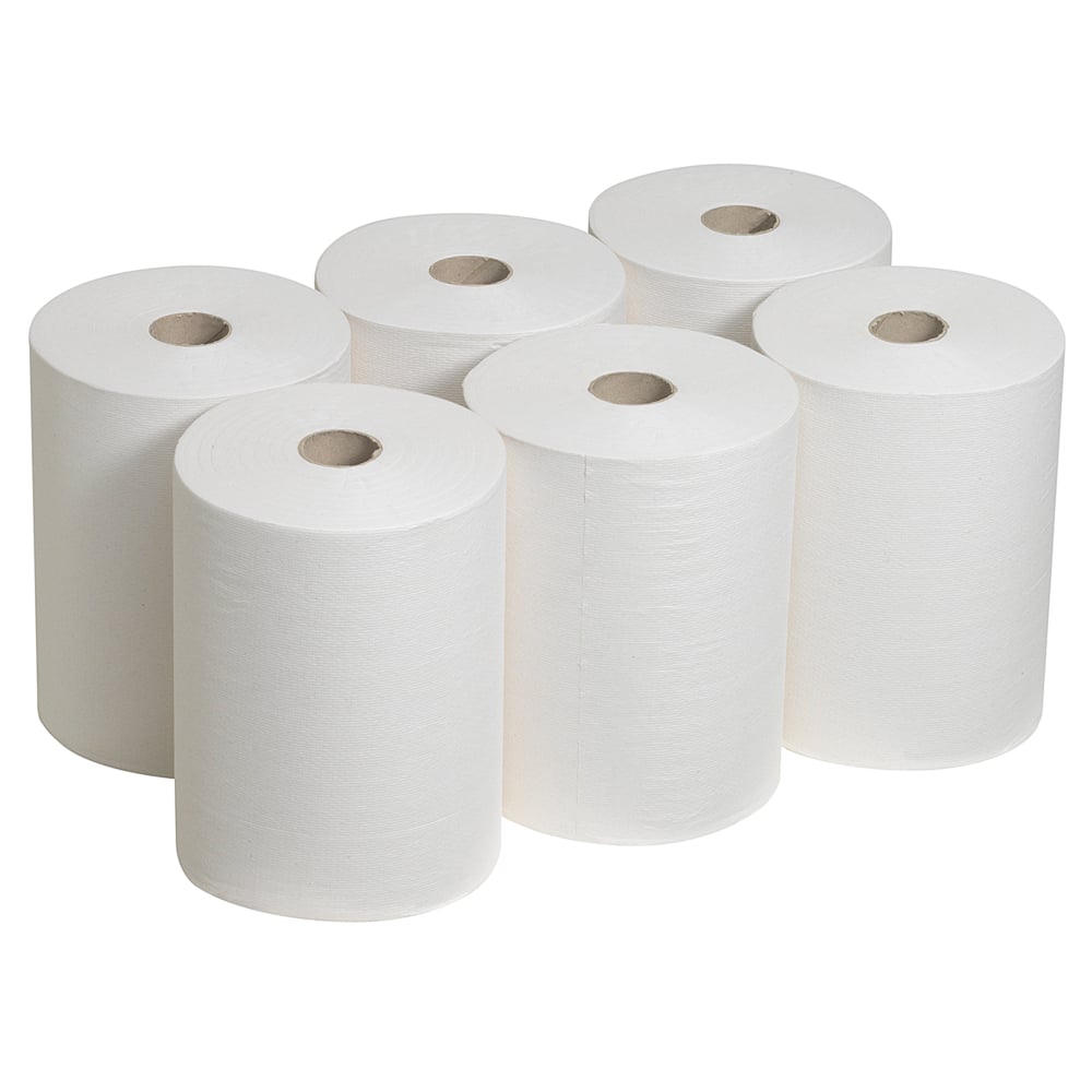 Six Scott® Control™ Slimroll™ paper towels - 6 rolls from Kimberly-Clark GmbH - are arranged in two rows of three rolls each, ideal for space-saving and hygienic hand drying on a white background.
