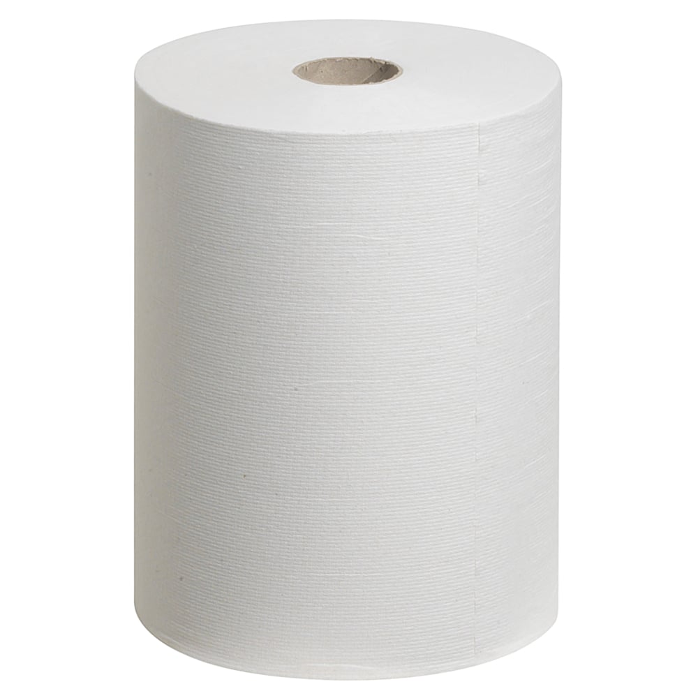 A white Scott® Control™ Slimroll™ paper towel roll from Kimberly-Clark GmbH stands upright; its smooth, lined surface and the core tube are visible - ideal for space-saving paper towels and hygienic hand drying.