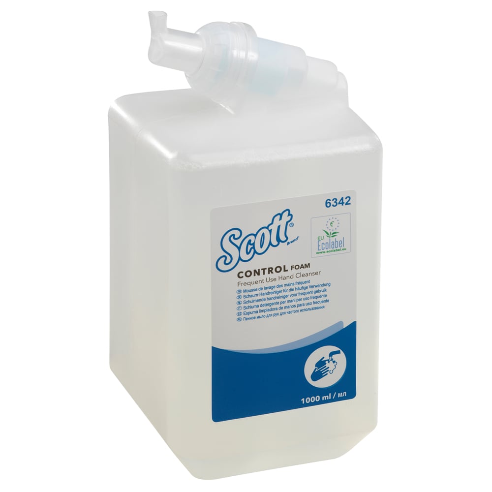 Die Scott® Control™ Schaum-Handreiniger 1-Liter-Kassette von Kimberly-Clark GmbH ist für häufige Nutzung, kommt im transparenten Spender mit blau-weißem Etikett und Ecolabel; Karton enthält 6 Kassetten.