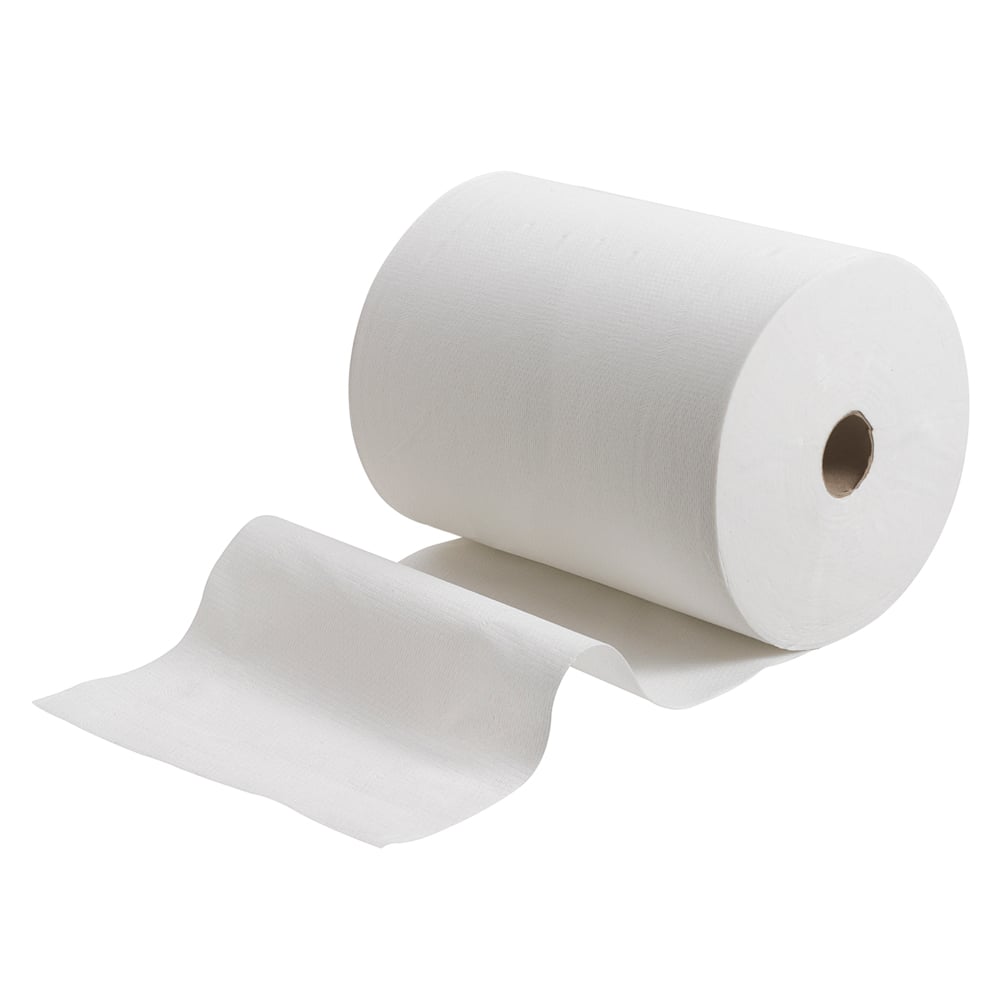 A large roll of Scott® Control™ Slimroll™ paper towels from Kimberly-Clark GmbH shows extended sheets that offer space-saving, hygienic hand drying. Product: 6 rolls x 1 sheet, White, Carton (6 rolls).