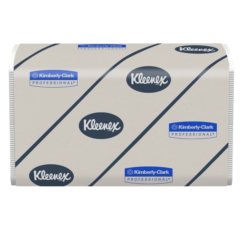 Ein rechteckiger Stapel Kleenex® Ultra™ Handtücher - Interfold / Weiß von Kimberly-Clark GmbH, in weißer Verpackung mit wiederholt aufgedruckten blauen Logos "Kleenex" und "Kimberly-Clark Professional". Die Schachtel enthält 30 Packungen mit je 94 Blatt.