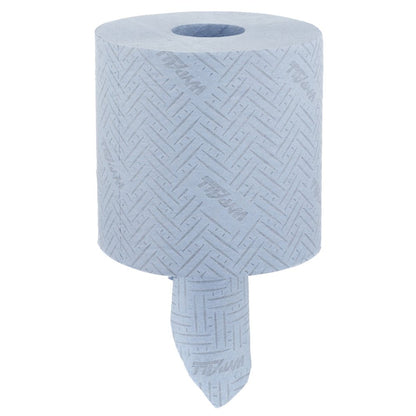 A large roll of blue, 2-ply WypAll® L20 paper wipes for maintenance work from Kimberly-Clark GmbH for central dispensing. The embossed sheet hangs down and is printed with "TITAN". Isolated on a white background.