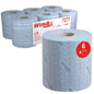 Depicted are six rolls of Kimberly-Clark GmbH WypAll® L20 2-ply blue paper wipes for maintenance work (central dispensing), 400 sheets per roll; the packaging says "6 rolls". A roll is visible in the foreground.