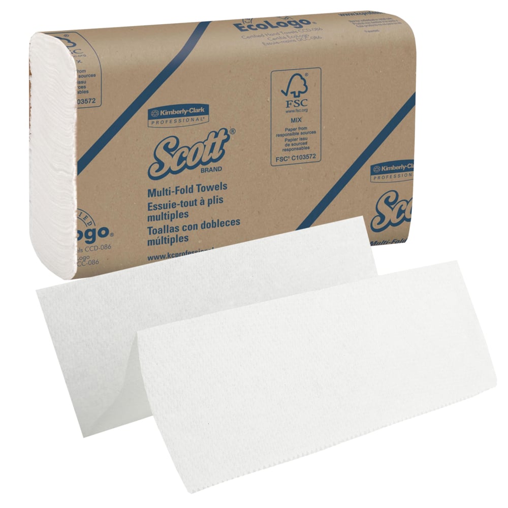 A box of Scott® Hand Towels - MultiFold, White, Medium, 16 Clips x 250 Sheets by Kimberly-Clark GmbH; depicted with two unfolded white towels - ideal for hygienic hand drying.