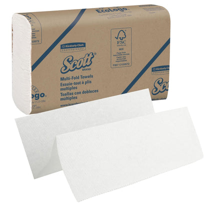 A box of Scott® Hand Towels - MultiFold, White, Medium, 16 Clips x 250 Sheets by Kimberly-Clark GmbH; depicted with two unfolded white towels - ideal for hygienic hand drying.
