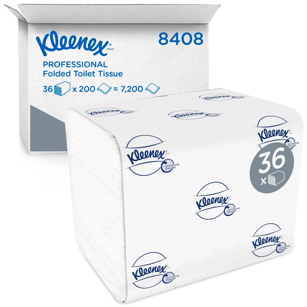 An opened box labeled "Kleenex® Toilet Paper - Single Sheet System / White / 200" from Kimberly-Clark GmbH shows high-quality toilet paper. On the front is a packaged pack with the Kleenex logo and the inscription "36 x 200 = 7,200" on the box.