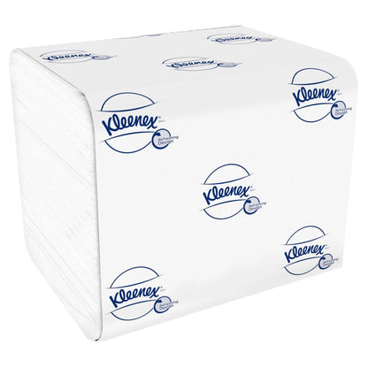 A stack of white Kleenex® single sheet toilet paper from Kimberly-Clark GmbH, 36 packs x 200 sheets, in blue and white branded packaging on a plain background.