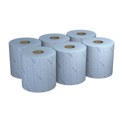 Six rolls of Kimberly-Clark GmbH WypAll® L20 blue, 2-ply paper wipes (6x400 sheets), ideal for central dispensing during maintenance work. Each roll is arranged in two rows of three for convenient handling.
