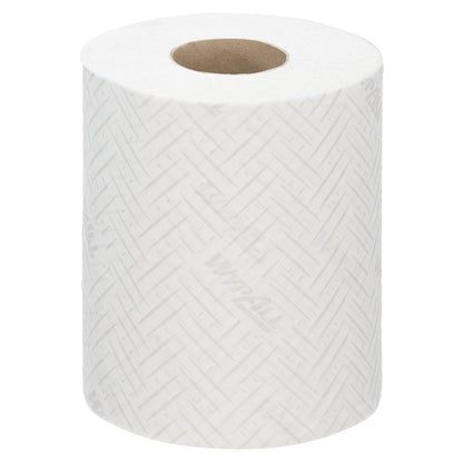 The WypAll® Reach™ paper towel for food & hygiene by Kimberly-Clark GmbH is a large, white roll with subtle embossing and visible "WypAll" branding, designed for hygienic use in food processing and featuring a central cardboard core.