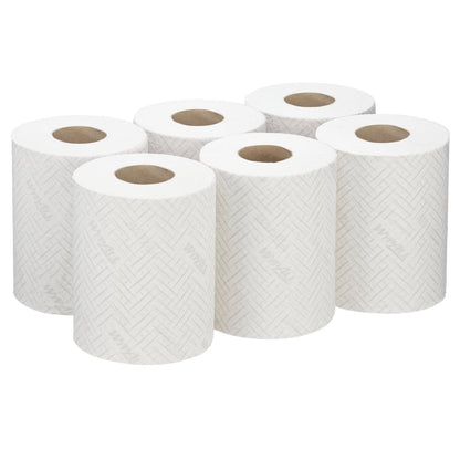Six rolls of WypAll® Reach™ paper towel for food & hygiene by Kimberly-Clark GmbH with centerfeed are arranged in two rows of three on a white background.