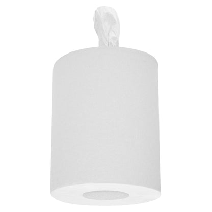 A single, upright Kimberly-Clark GmbH WypAll® L10 paper towel roll for center-pull dispensing (White) with one sheet pulled out. Suitable for cleaning in service & retail. Plain white background.