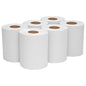 Six upright standing WypAll® L10 paper towel rolls from Kimberly-Clark GmbH, each with a brown core for center-pull dispensing, are arranged in two rows of three on a white background - ideal for cleaning in service & retail (6 rolls x 390 sheets).