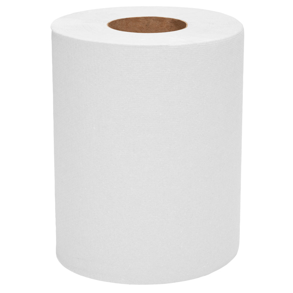 A single WypAll® L10 paper towel (White) roll from Kimberly-Clark GmbH with a brown core, against a white background - ideal for cleaning in service & retail with center-pull dispensing; the box contains 6 rolls with 390 sheets each.