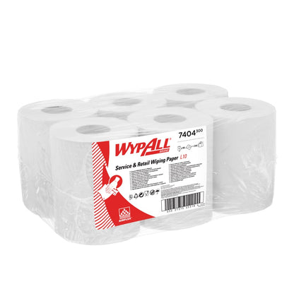 A six-pack of WypAll® L10 paper towel from Kimberly-Clark GmbH, 6 rolls with 390 sheets each for center-pull dispensing, ideal for cleaning in service & retail - white, in a box with product details.