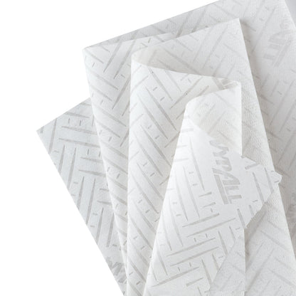 A stack of WypAll® Reach™ paper towel for food & hygiene - centerfeed from Kimberly-Clark GmbH with a subtle diagonal line pattern and faint "WYPALL" branding, ideal for food hygiene, on a white surface.