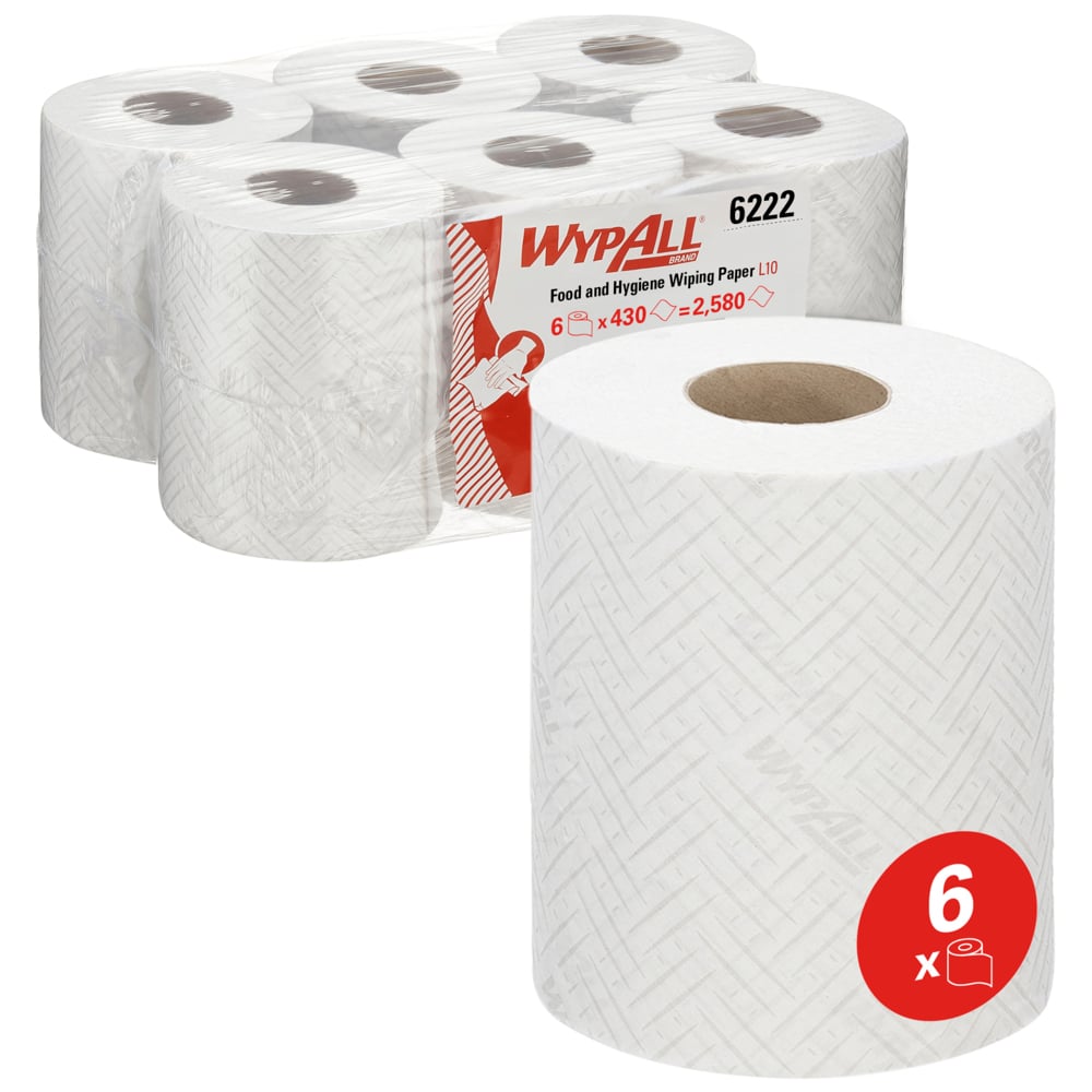 Depicted are six rolls of WypAll® Reach™ paper towel for food & hygiene - centerfeed by Kimberly-Clark GmbH: one in front, five packaged in the back. Each roll contains 430 sheets, ideal for use in hygiene and food processing.