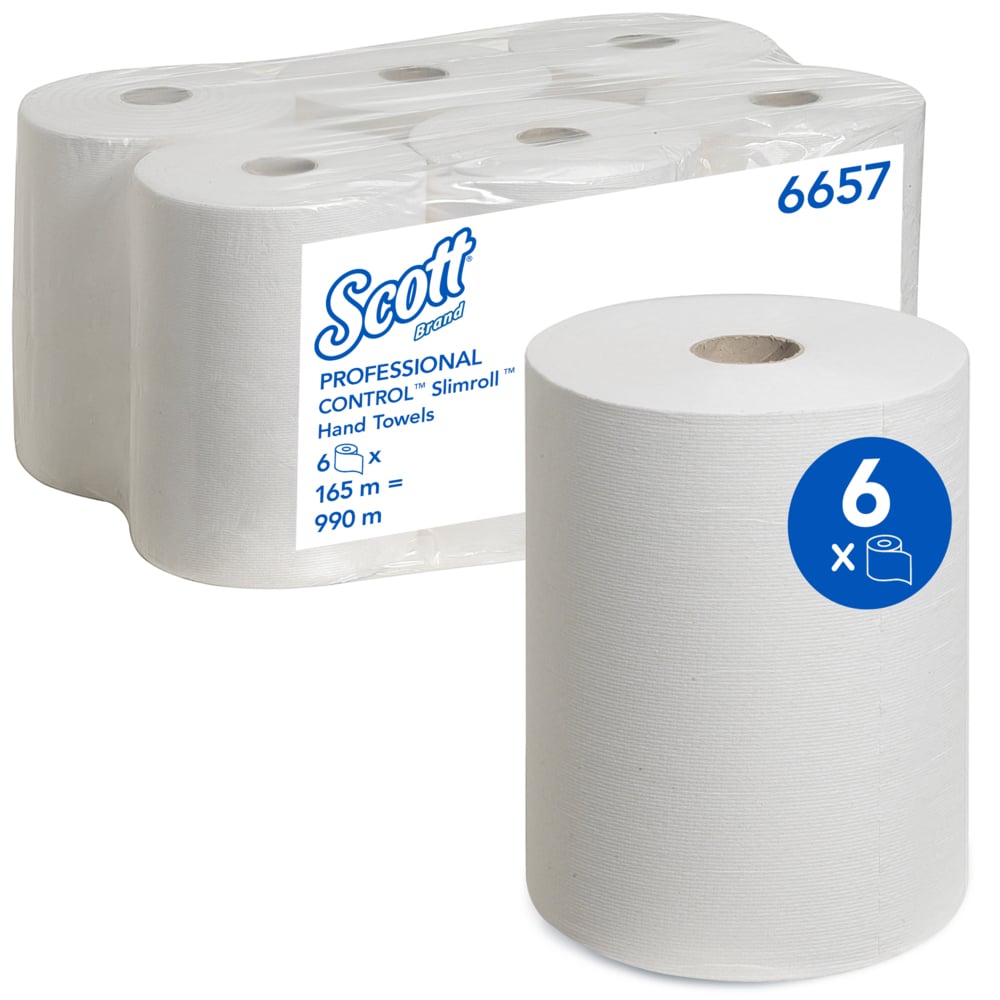 A carton containing six Scott® Control™ Slimroll™ paper towels from Kimberly-Clark GmbH (White, 6 rolls), with one roll on the front, five rolls in clear plastic, and a blue circle with the number six on the front roll.