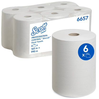 A carton containing six Scott® Control™ Slimroll™ paper towels from Kimberly-Clark GmbH (White, 6 rolls), with one roll on the front, five rolls in clear plastic, and a blue circle with the number six on the front roll.