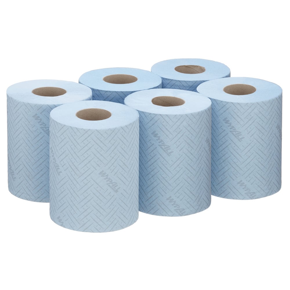 Six WypAll® Reach™ paper towel rolls from Kimberly-Clark GmbH for food & hygiene are arranged in two rows of three, each with a blue herringbone pattern and "WYPALL" logo, perfect for hygiene needs in food processing.