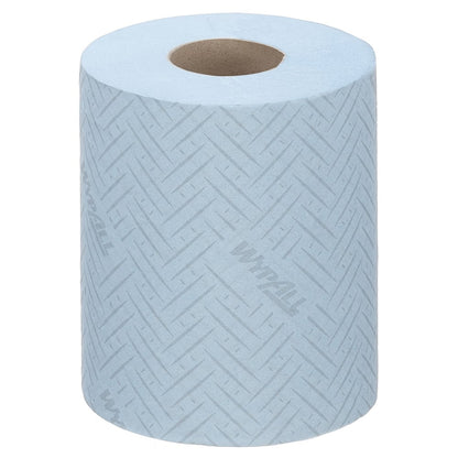 An upright roll of WypAll® Reach™ paper towel for food & hygiene - centerfeed by Kimberly-Clark GmbH, blue with herringbone pattern and logo, ideal for hygiene in food processing, depicted on a plain white background.