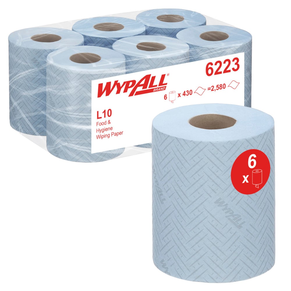 A pack of six rolls of WypAll® Reach™ paper towel for food & hygiene - centerfeed by Kimberly-Clark GmbH with 430 sheets each (2,580 in total), depicted with one roll in front, showing branding and details.